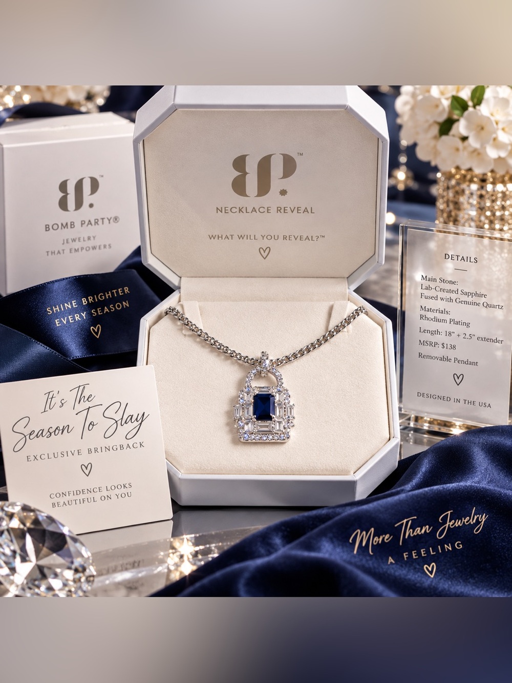 Bomb Party Silver Necklace with Blue Sapphire Crystal Pendant